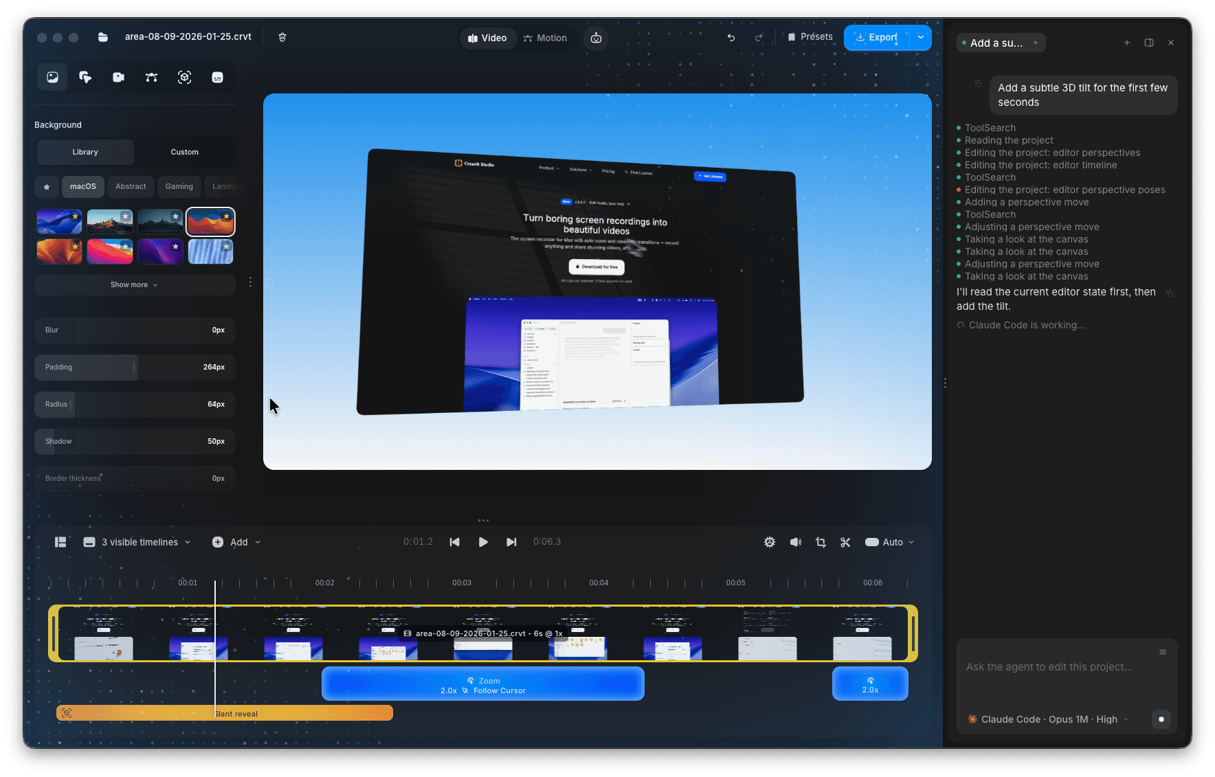 Creavit Studio AI agent working on the editing timeline in dark mode