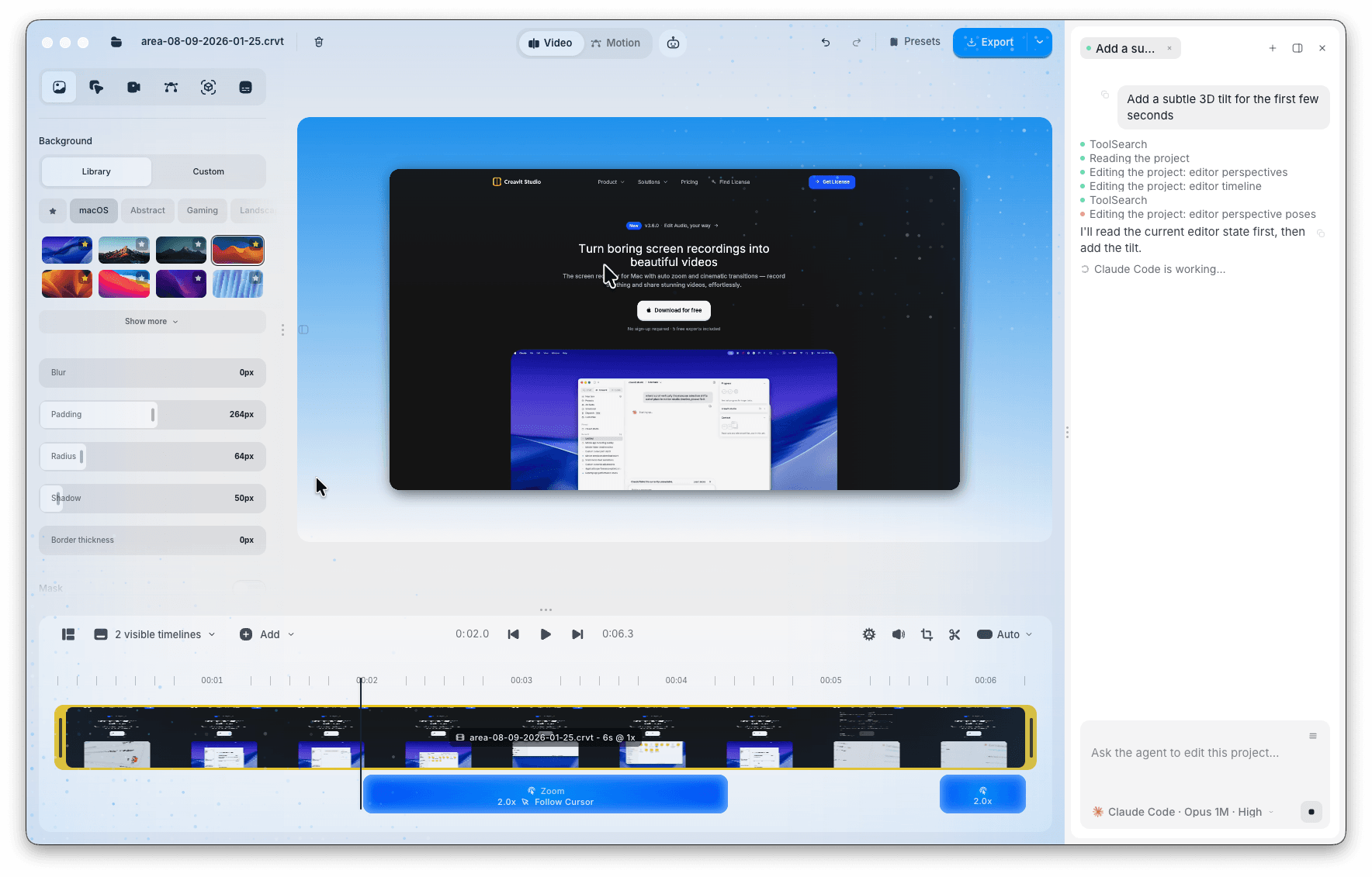 Creavit Studio AI agent working on the editing timeline in light mode