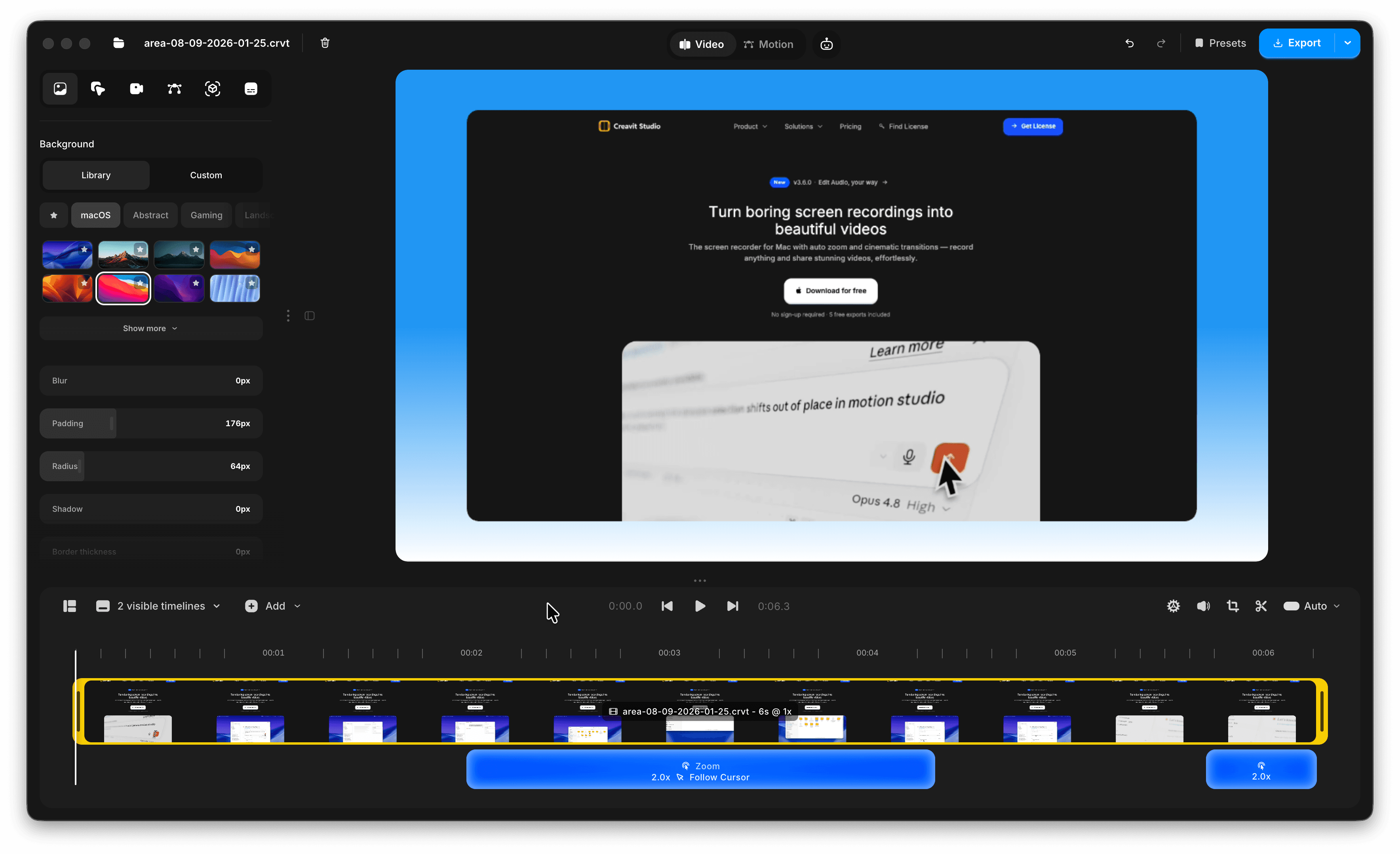 Creavit Studio screen recording and video editing workspace