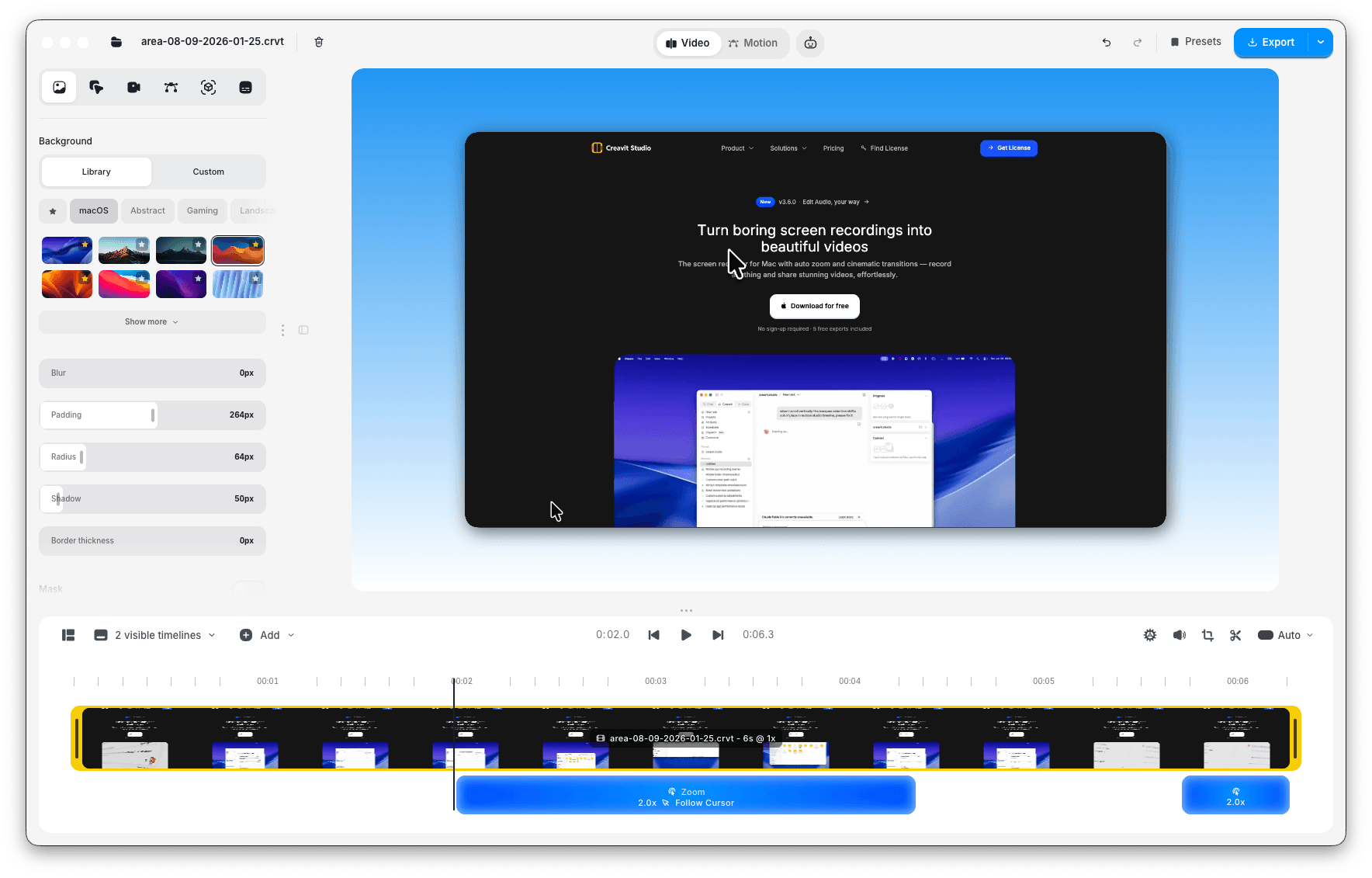 Creavit Studio screen recording and video editing workspace in light mode